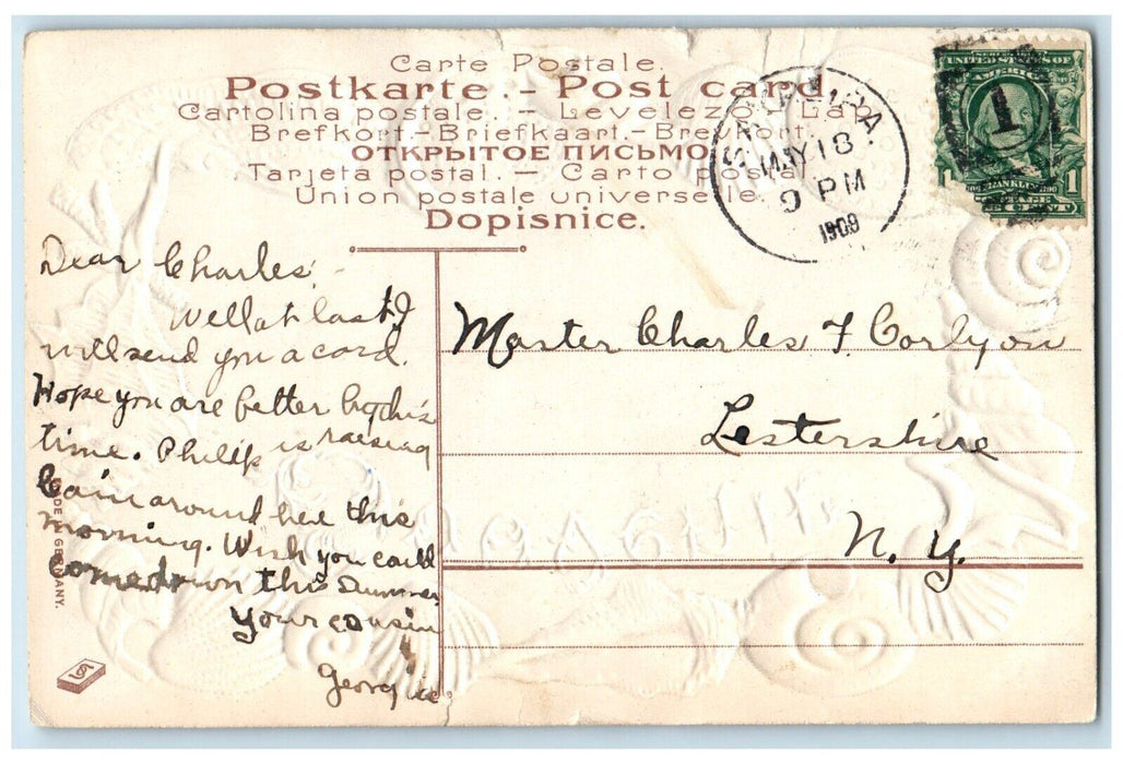 1909 Souvenir Seashell Beach Sailboat Sea Embossed Sayre Pennsylvania Postcard