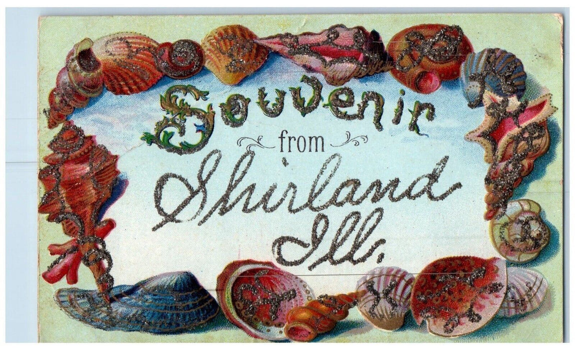 c1910 Souvenir From Seashell Glitter Embossed Shirland Illinois Vintage Postcard