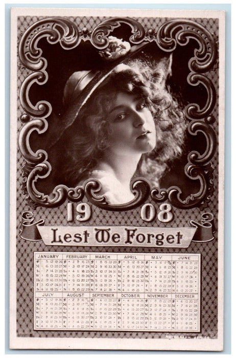 c1910's Pretty Woman Lest We Forget Calendar Rotograph RPPC Photo Postcard