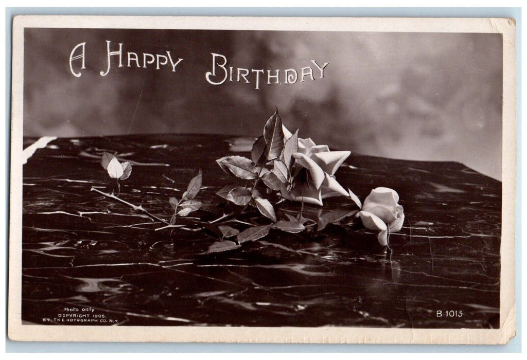 1909 Happy Birthday White Roses Flowers Still Life Rotograph RPPC Photo Postcard