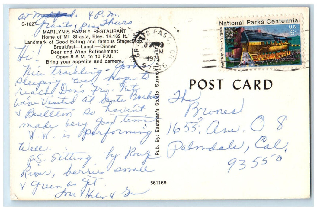 c1970's Marilyn's Family Restaurant Home of Mt. Shasta California CA Postcard