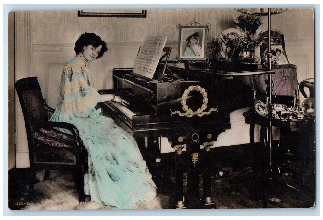 c1910's Pretty Woman Dress Playing Grand Piano Antique RPPC Photo Postcard