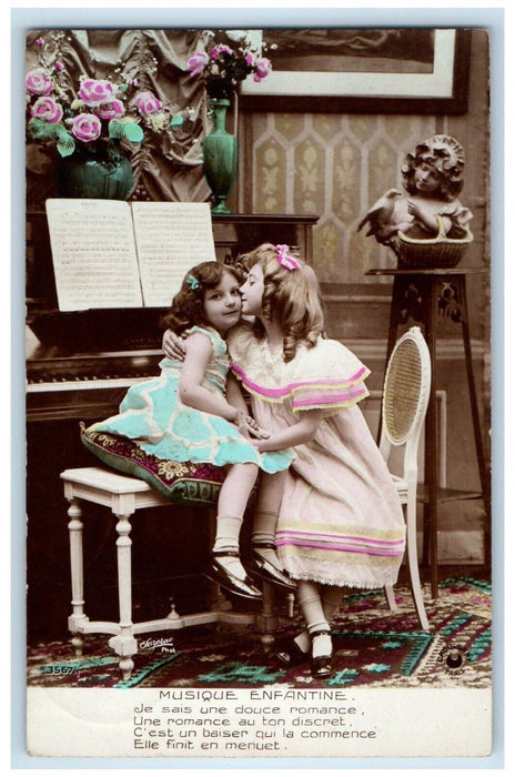 1922 Sweet Siblings Cheek Kissing Piano Belgium Vintage RPPC Photo Postcard