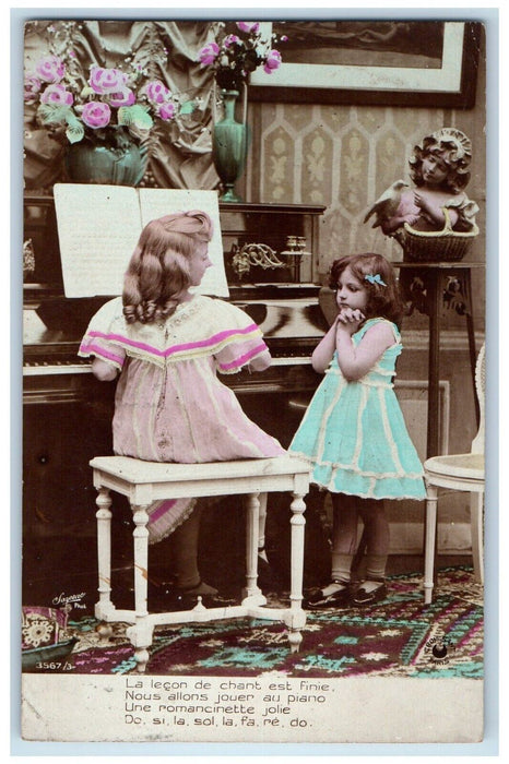 1923 Children Playing Piano Flowers Belgium Posted Vintage RPPC Photo Postcard