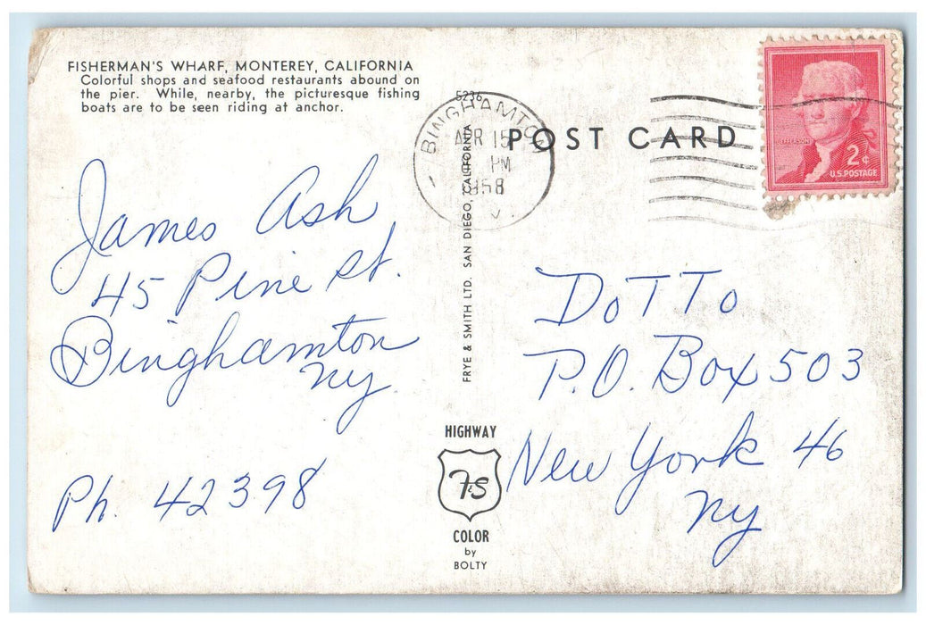 1958 Seafood Restaurants Shops Fisherman's Wharf Monterey California CA Postcard