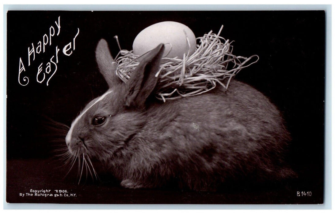 c1910's Happy Easter Egg Nest On Top Of Rabbit Rotograph RPPC Photo Postcard