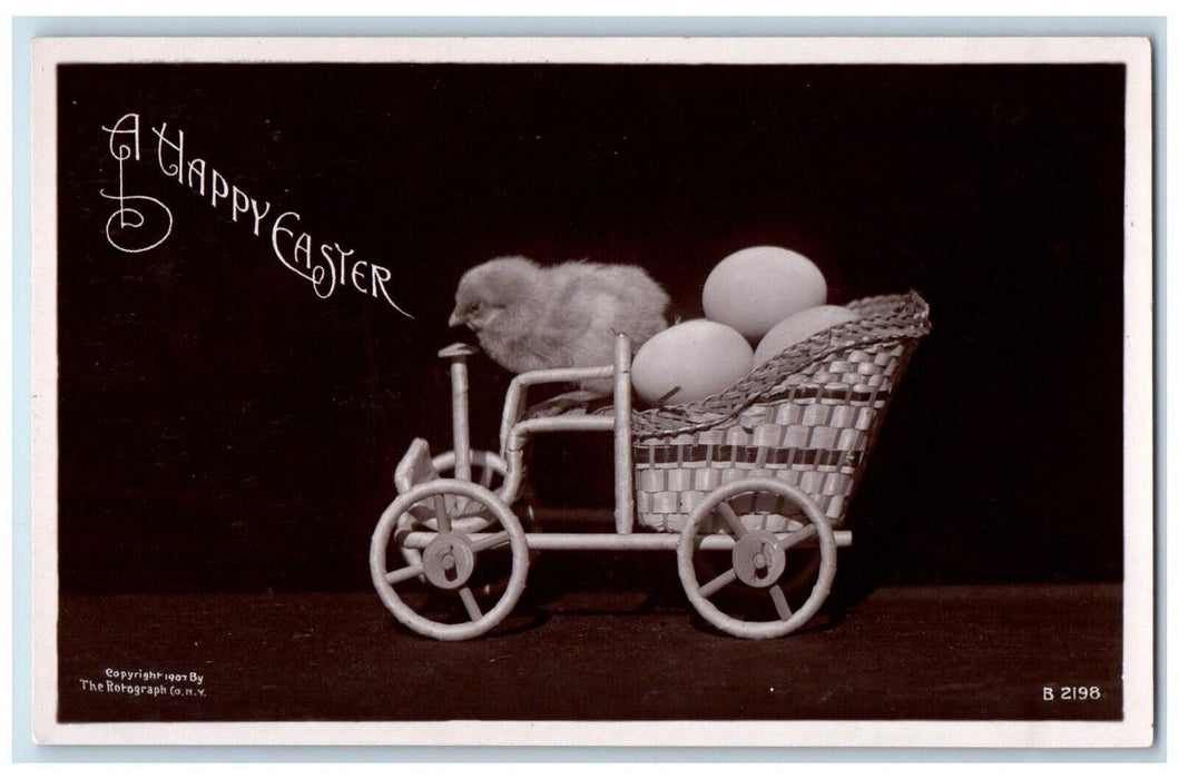 c1910's Happy Easter Chick Eggs In Cart Rotograph Antique RPPC Photo Postcard