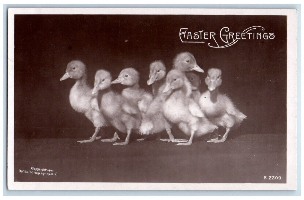 c1910's Easter Greetings Ducklings Tinted Rotograph Antique RPPC Photo Postcard