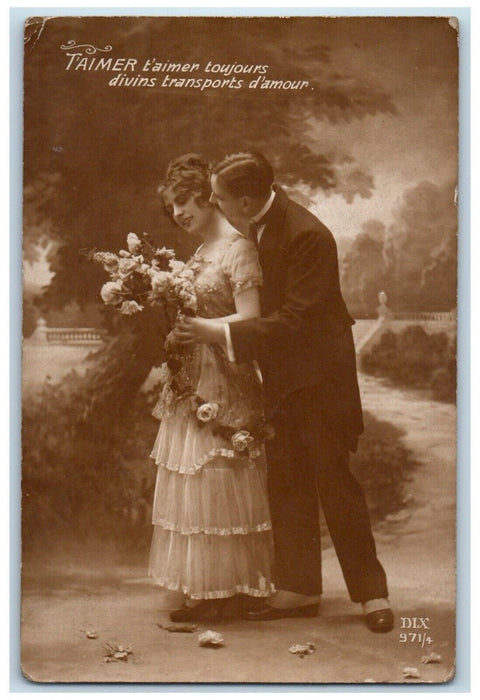 c1910's Sweet Couple Kissing Romance Flowers France Antique RPPC Photo Postcard