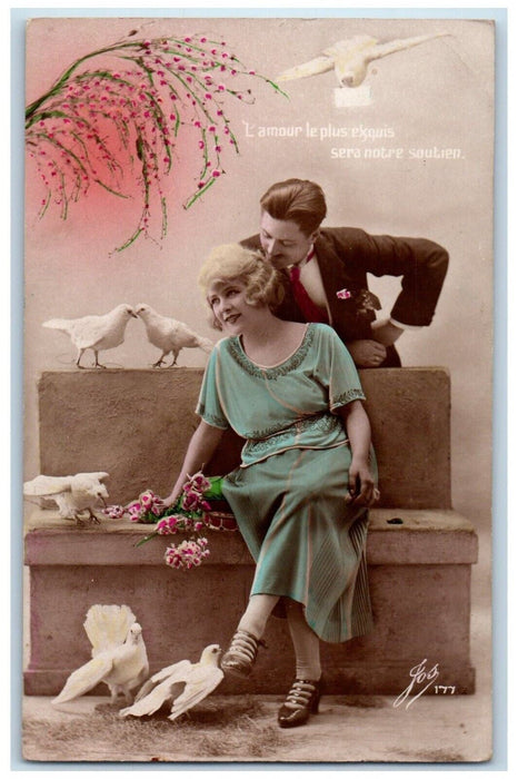 1923 Sweet Couple Romance Dove Flowers Montreal Canada RPPC Photo Postcard