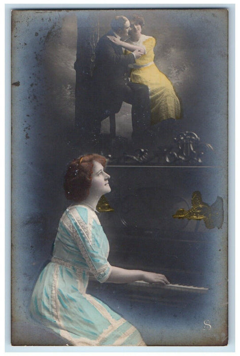 c1910's Sweet Couple Romance Woman Playing Piano Antique RPPC Photo Postcard