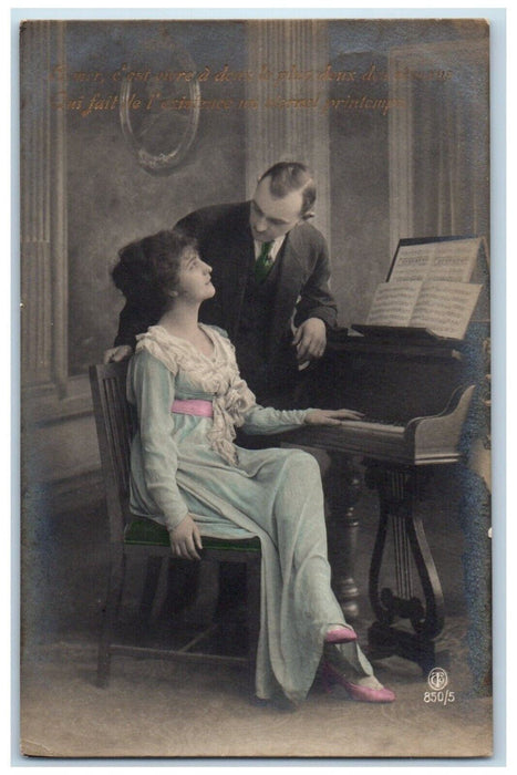 c1910's Couple Romance Woman Playing Piano Belgium Antique RPPC Photo Postcard