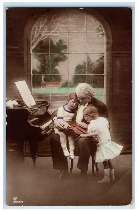 Birthday Grandfather Children Playing Violin PJA England RPPC Photo Postcard