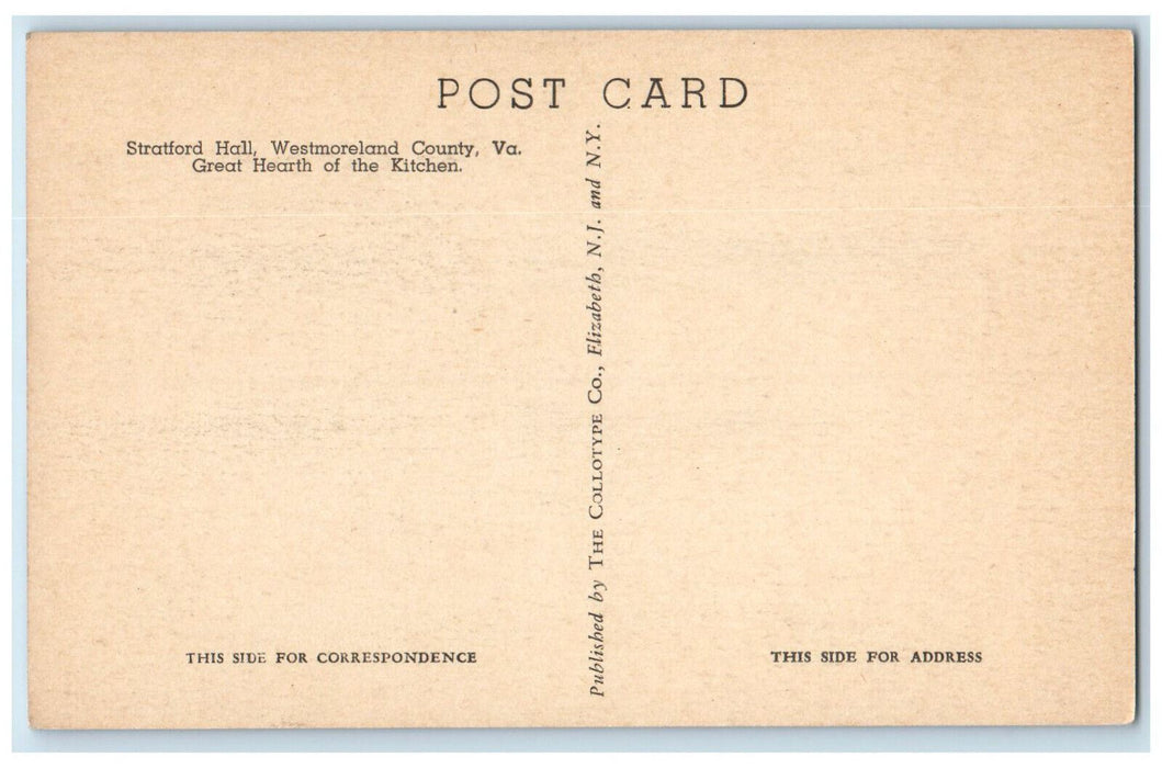 Great Hearth Of The Kitchen Stratford Hall Westmoreland County VA Postcard