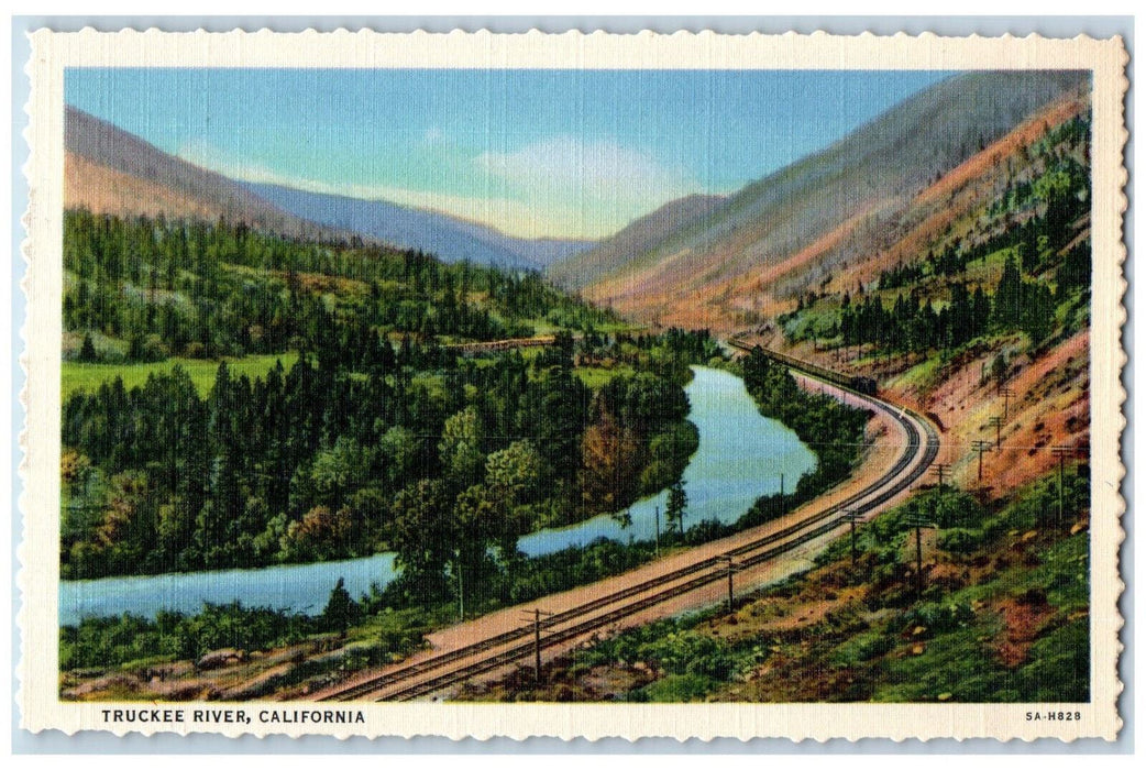 Bird's Eye View Of Truckee River California CA, Train Railroad View Postcard