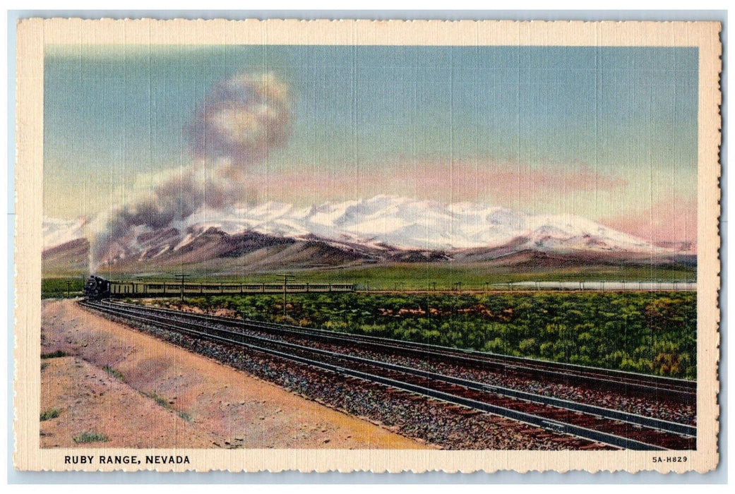 Ruby Range Train Railroad  Mountain Scene Wells Nevada NV Vintage Postcard