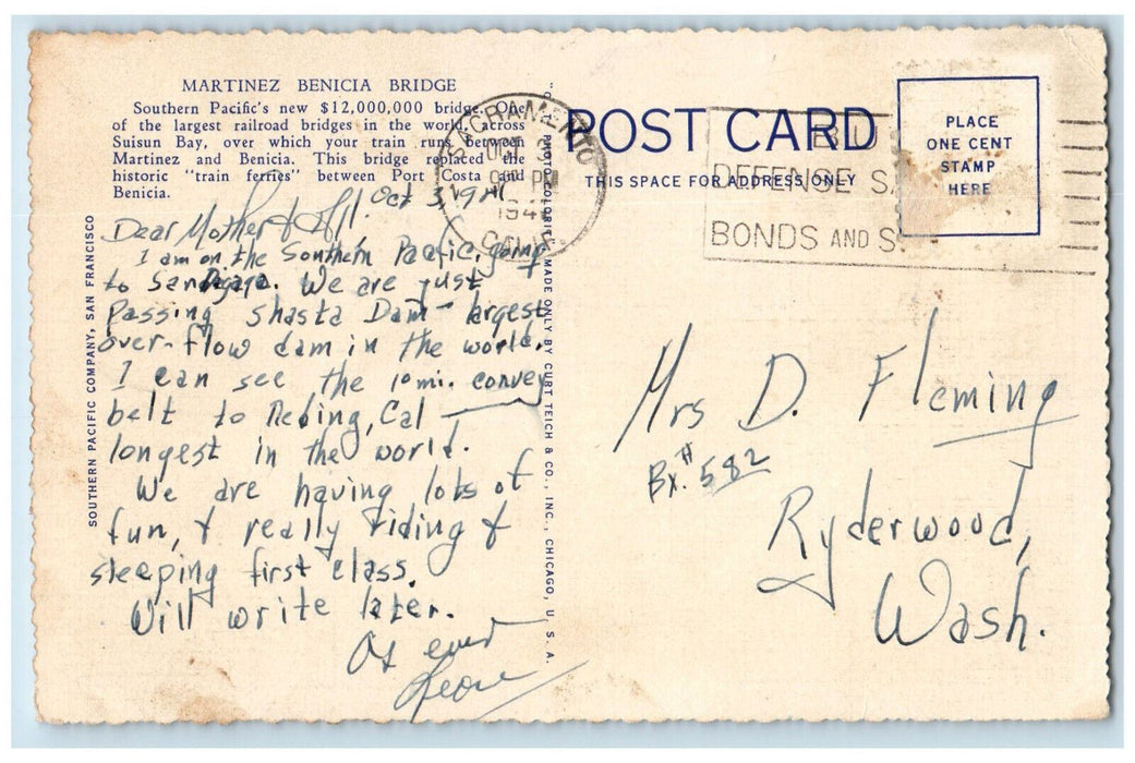 1947 Martinez-benicia Bridge Train Railroad Suisun Bay California CA Postcard