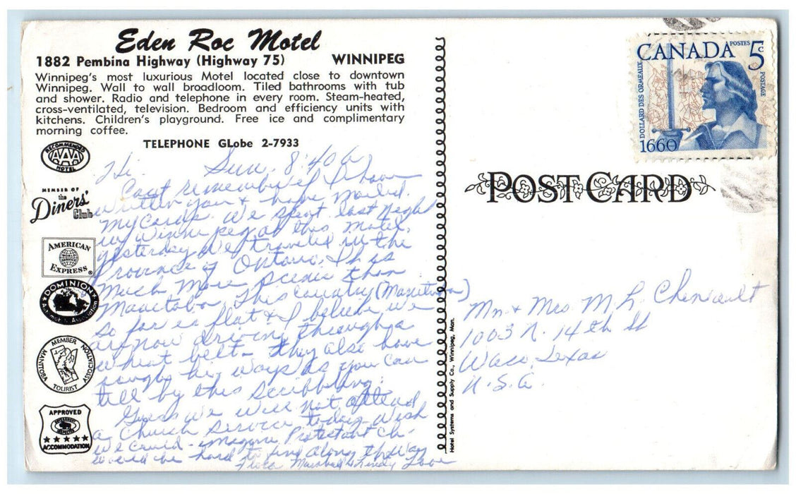 c1950's Winnipeg's Finest Eden Roc Motel Winnipeg Canada Multiview Postcard
