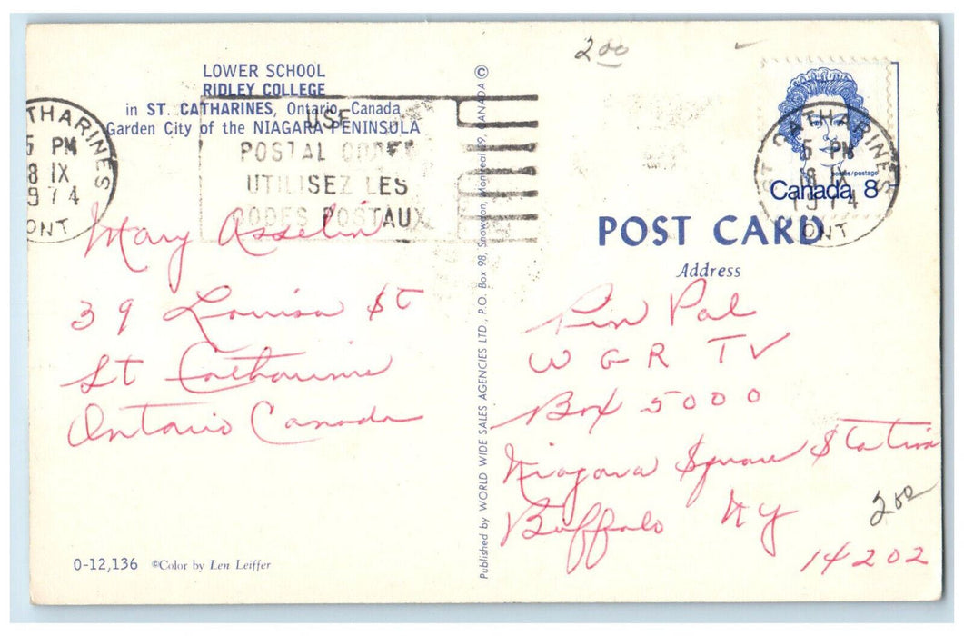 1974 Lower School Ridley in St.Catharines Ontario Canada Posted Postcard