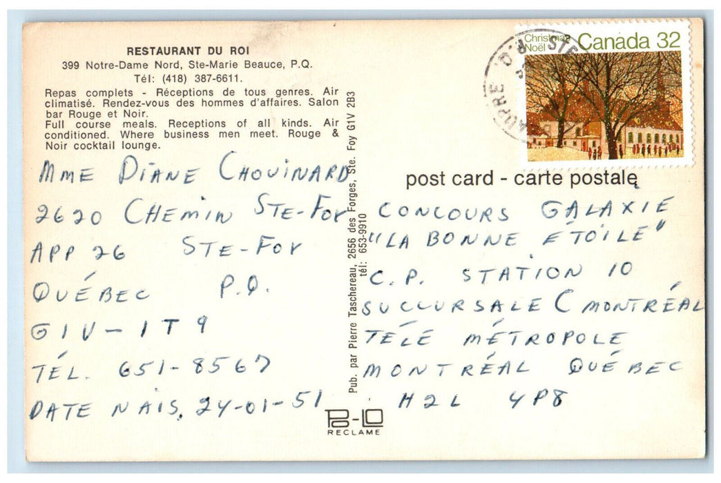 c1950's Restaurant Du Roi Ste Marie Quebec Canada Vintage Multiview Postcard