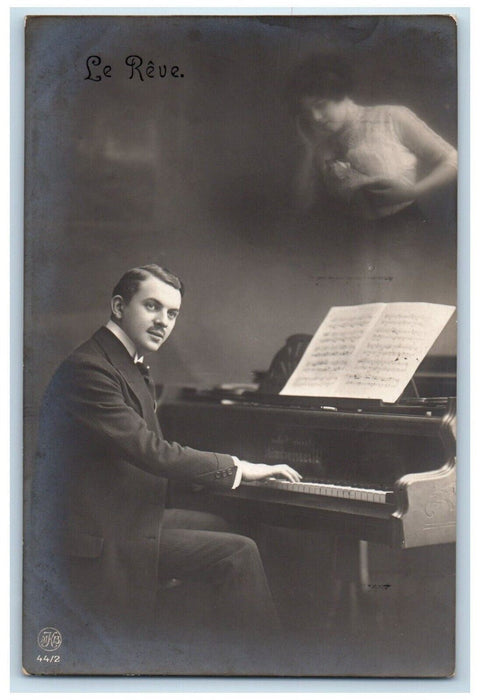 1913 Man Playing Piano Music Lyrics Dream Romance Antique RPPC Photo Postcard