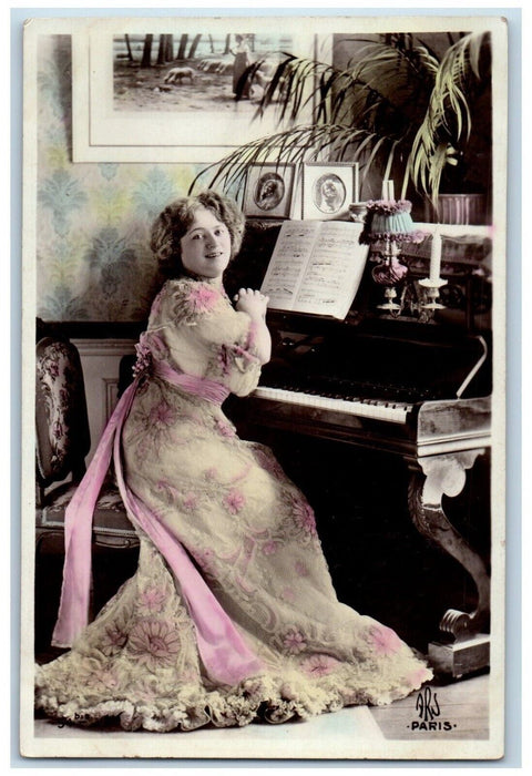 c1910's Woman Floral Dress Playing Piano Lampshade Antique RPPC Photo Postcard