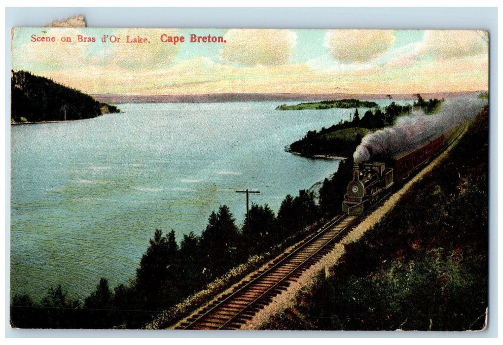 1908 Train Railroad Scene on Bras d'Or Cape Breton Island Canada Postcard