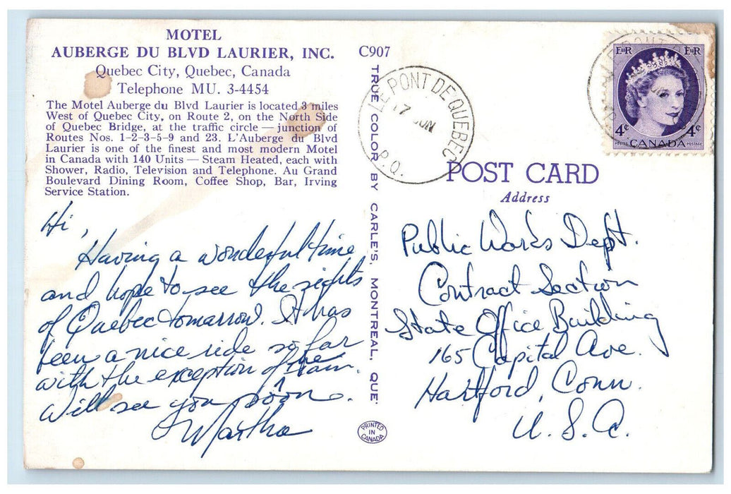 c1960's Motel Auberge Du Blvd Laurier Inc Quebec City PQ Canada Postcard