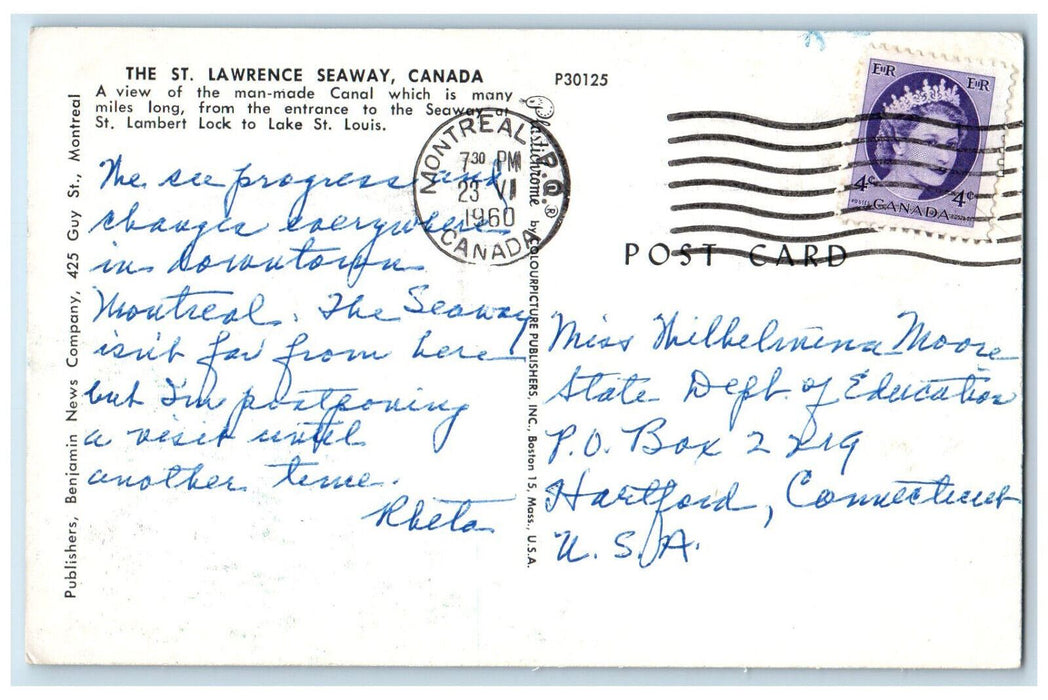 1960 View of Man-Made Canal Steamer The St. Lawrence Seaway Canada Postcard