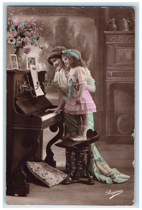 c1910's Mother And Daughter Playing Piano Flower Vase France RPPC Photo Postcard