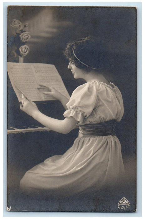 c1910's Pretty Woman Playing Piano Lyrics Flowers Antique RPPC Photo Postcard