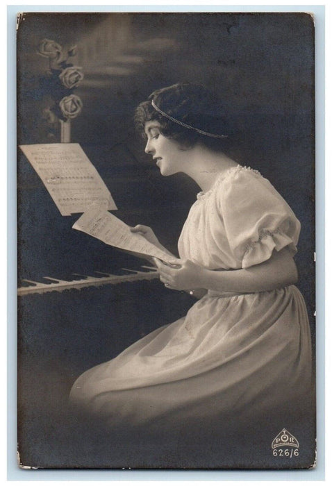 c1910's Pretty Woman Playing Piano Flowers Unposted Antique RPPC Photo Postcard