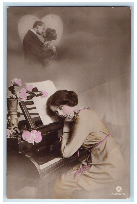 c1910's Woman Playing Piano Kissing Romance Flowers Antique RPPC Photo Postcard