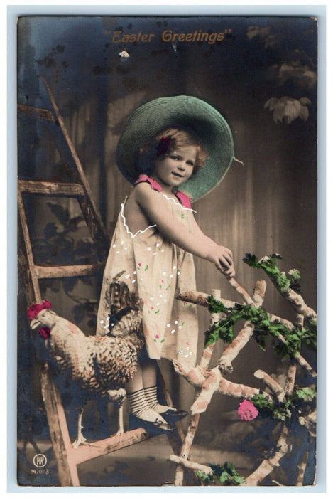 1908 Easter Greetings Little Girl Ladder Chicken Hen Antique RPPC Photo Postcard