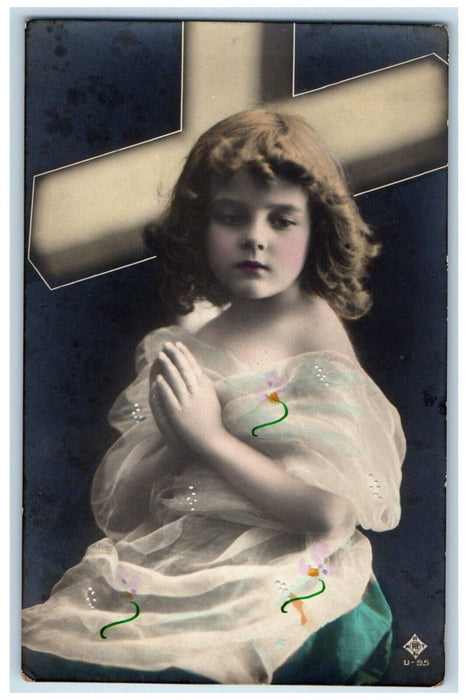 c1910's Easter Holly Cross Little Girl Praying Antique RPPC Photo Postcard
