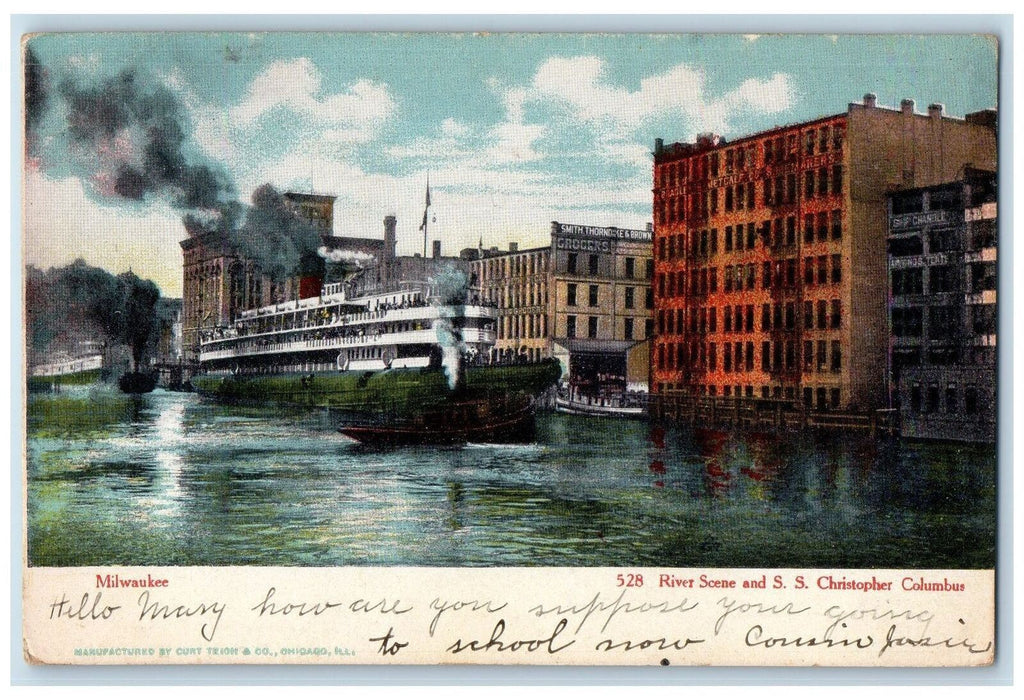 c1905 River Scene And Steam Ship S.S Cristopher Columbus Milwaukee WI Postcard