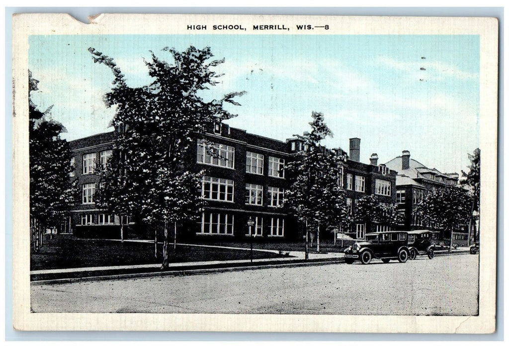 1940 High School Building Cars Exterior Scene Merrill Wisconsin WI Postcard