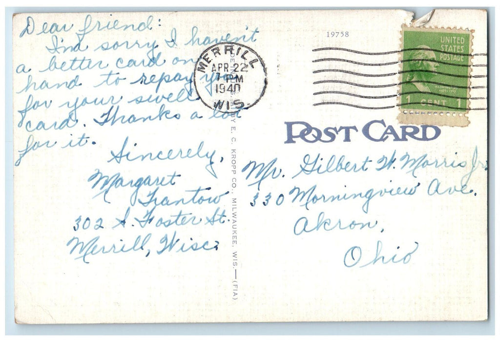 1940 High School Building Cars Exterior Scene Merrill Wisconsin WI Postcard