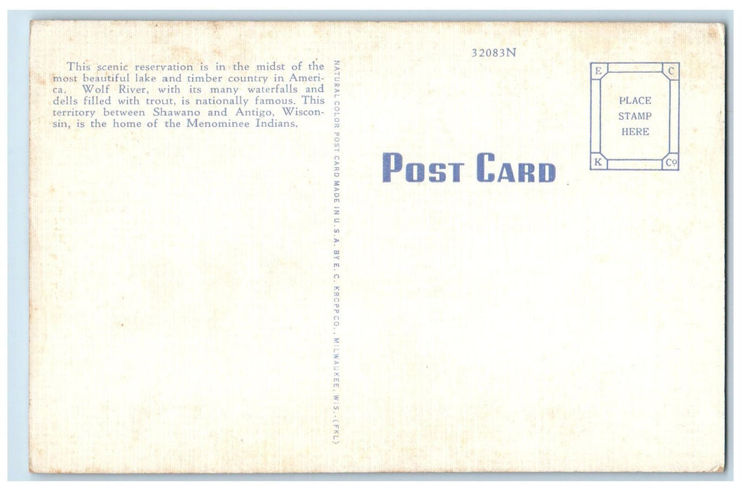 1944 Keshena Falls Menominee Indian Reservation Nature Wisconsin WI Postcard