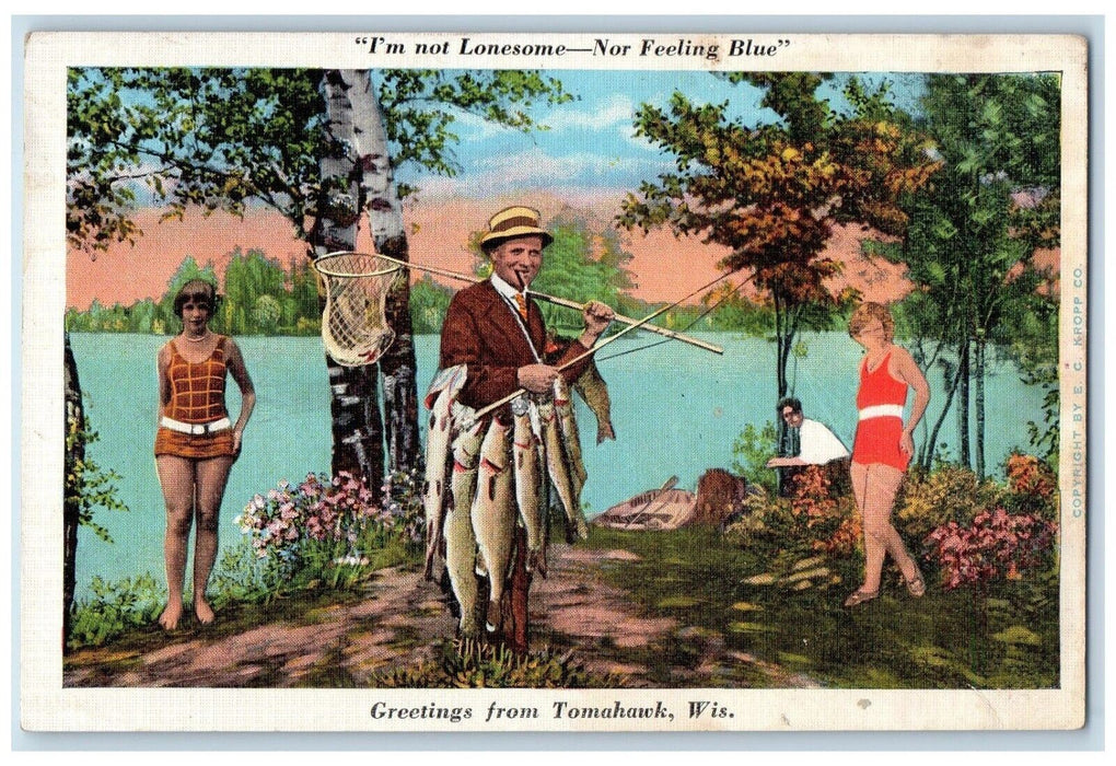 c1930's Greetings From Tomahawk Wisconsin WI, Fish Fisherman Cigarette Postcard