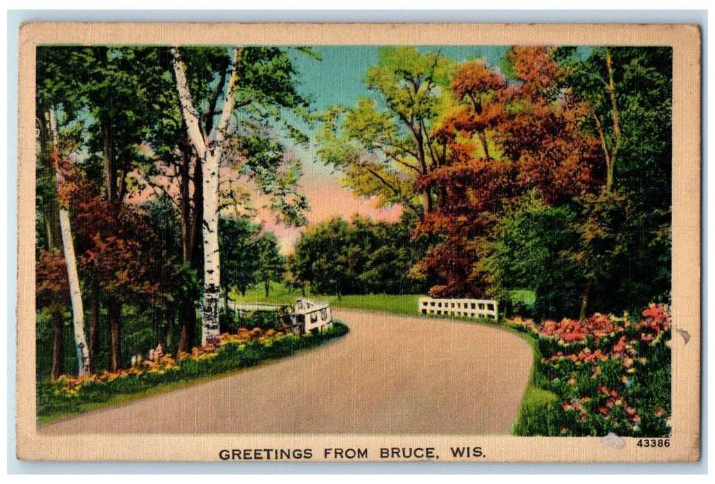 1942 Greetings From Bruce Wisconsin WI, Curve Road And Trees Vintage Postcard