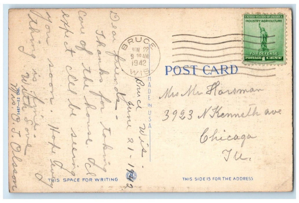 1942 Greetings From Bruce Wisconsin WI, Curve Road And Trees Vintage Postcard