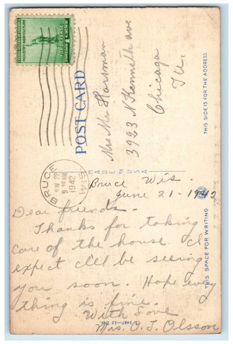 1942 Greetings From Bruce Wisconsin WI, Curve Road And Trees Vintage Postcard