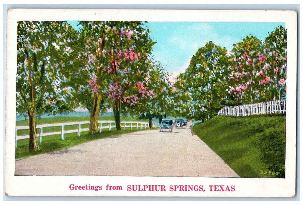 Greetings From Sulphur Springs Texas TX, Road Cars Tree Flowers View Postcard