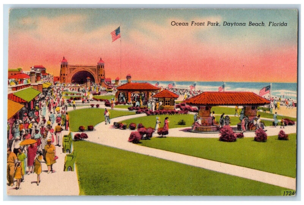 View Of Ocean Front Park Pavilion Flags Daytona Beach Florida FL Postcard