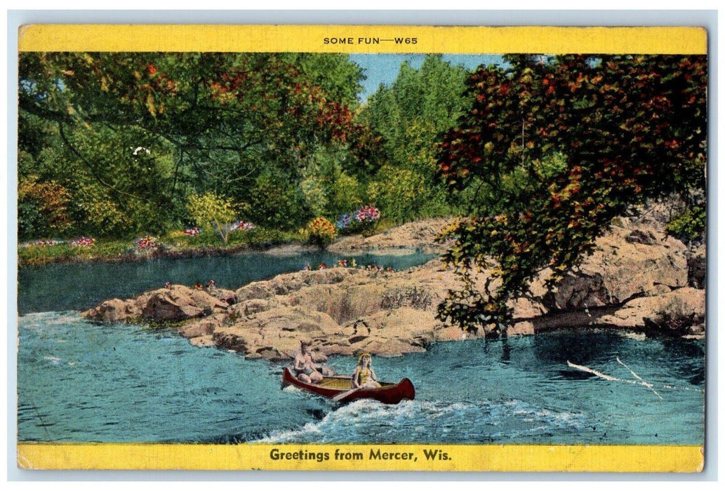 Greetings From Mercer Wisconsin WI, Canoeing Boat Some Fun Vintage Postcard
