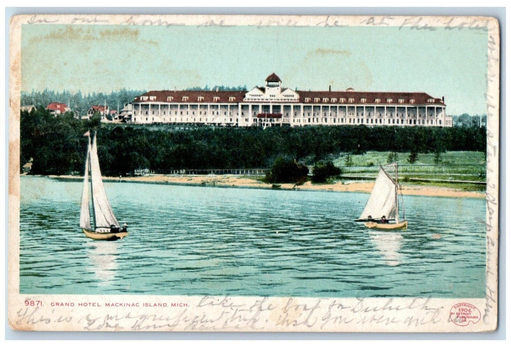 1906 Grand Hotel Lake Front Sailboat Mackinac Island Michigan MI Posted Postcard