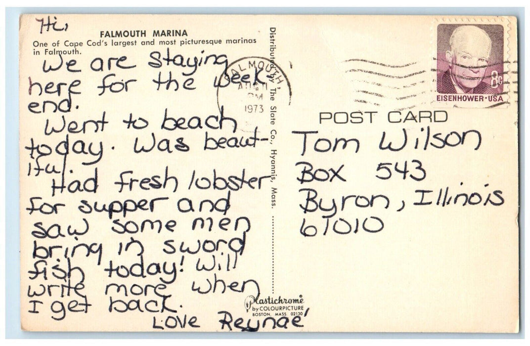 1973 Falmouth Harbor Marina Dock Boats Cape Cod Massachusetts MA Postcard