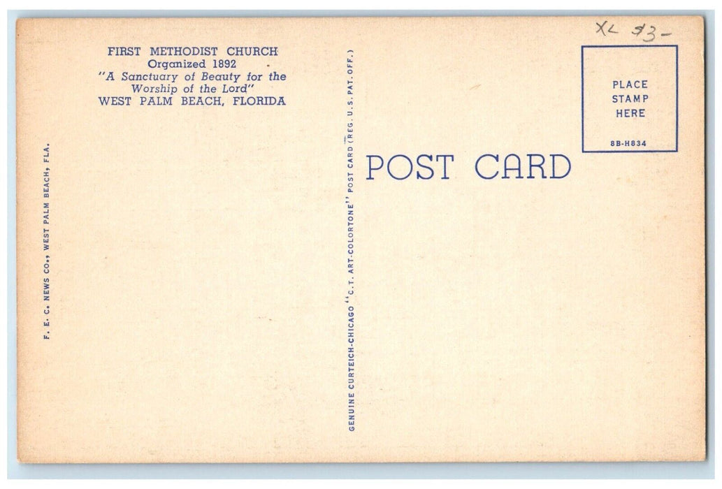 c1940's First Methodist Church West Palm Beach Florida FL Antique Postcard