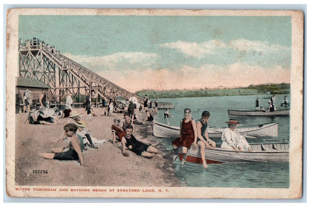 1919 Boats at Water Toboggan and Bathing Beach at Saratoga Lake NY Postcard